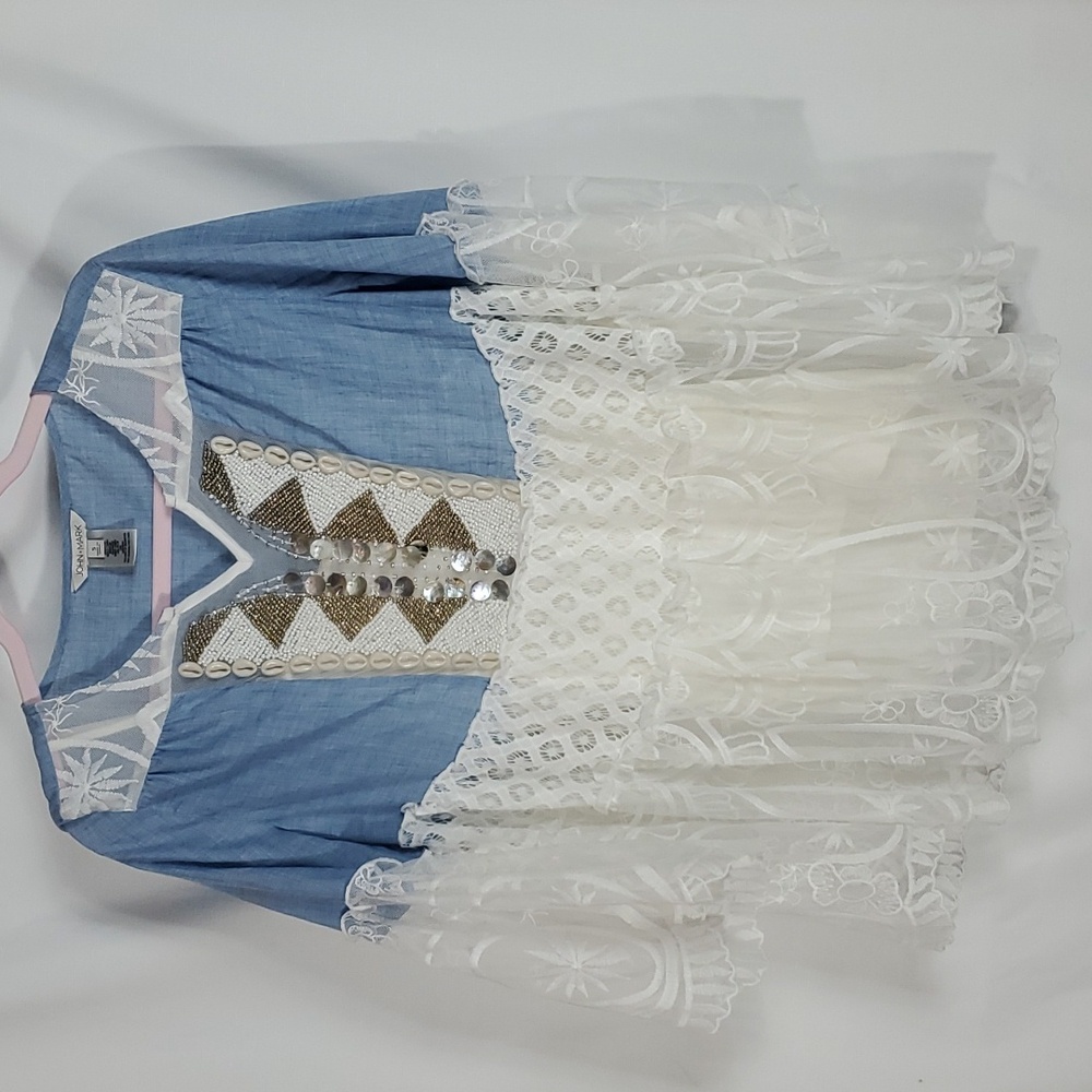 John Mark small lightweight blue chambray and lace top with beads and seashells